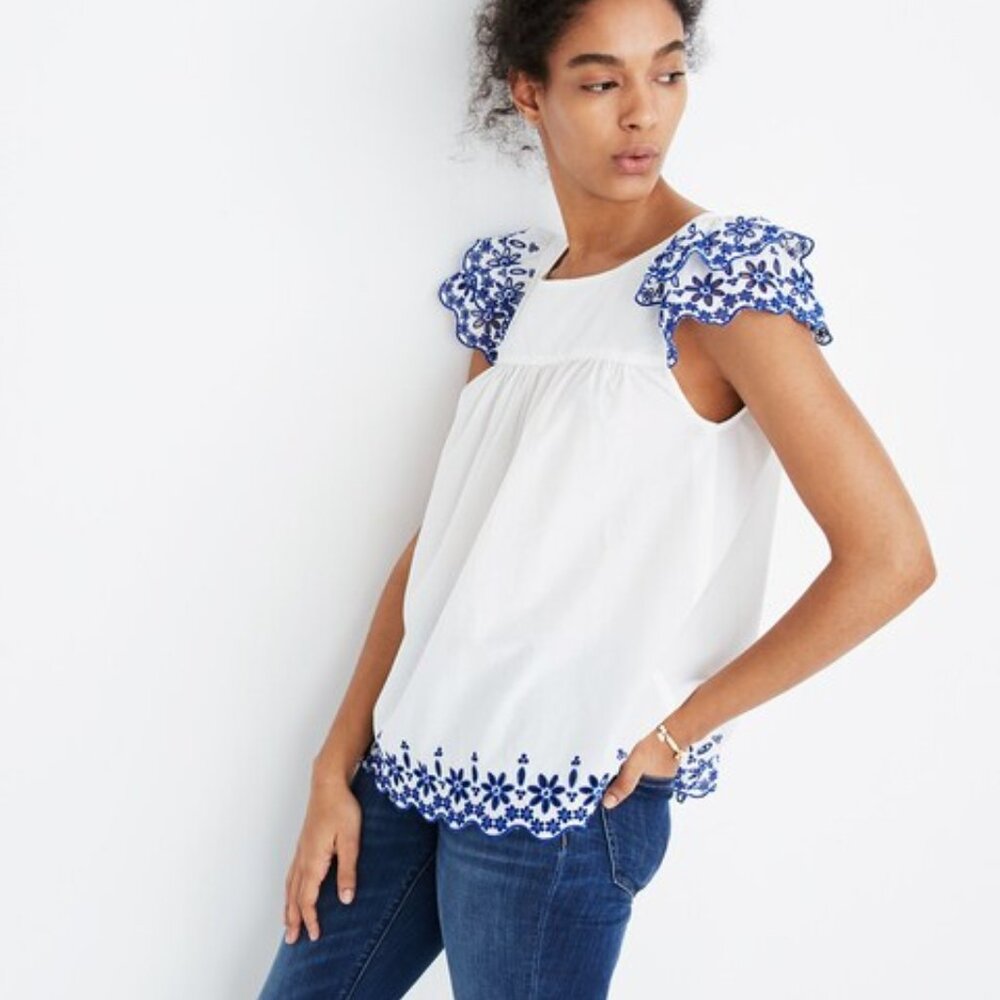 Madewell Embroidered Story Top - White Blue Size 6
